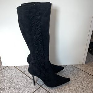 Knee High Black Boots with Ruffle Embellishment